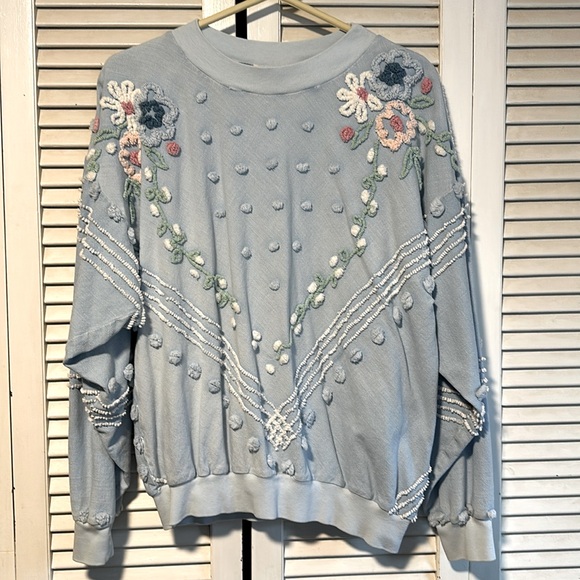 Blue Chenille Floral Long Sleeve Blouse Scott August Women’s Large - Picture 1 of 4